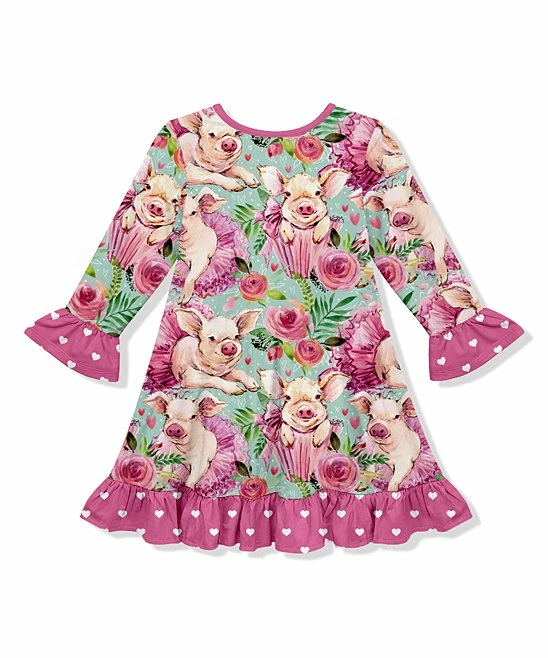 Budget ๐ Best deal ๐ฅ Penelope Plumm Hot Pink & Turquoise Floral Pig Ruffle-Trim Shift ๐ ๐ Dress - Toddler & ๐ง Girls ๐ โ๏ธ - Image 2
