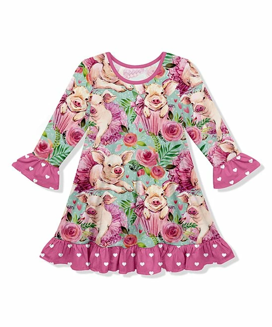 Budget ๐ Best deal ๐ฅ Penelope Plumm Hot Pink & Turquoise Floral Pig Ruffle-Trim Shift ๐ ๐ Dress - Toddler & ๐ง Girls ๐ โ๏ธ