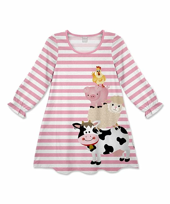 Cheap 😍 Top 10 👏 Penelope Plumm Pink Stripe Cow Sheep Pyramid Puff-Sleeve Shift 👗 👗 Dress - Toddler & 👧 Girls 🔔 🎉