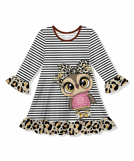 Cheapest ๐ New ๐ฅ Penelope Plumm Brown Stripe & Leopard Owl Ruffle-Trim A-Line ๐ ๐ Dress - ๐ง Girls ๐ ๐