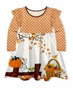 Best Pirce ✨ Best Sale 🎉 Penelope Plumm White & Orange Dots Pumpkin Leaf Angel-Sleeve 👗 👗 Dress - 👧 Girls ⭐ 🤩