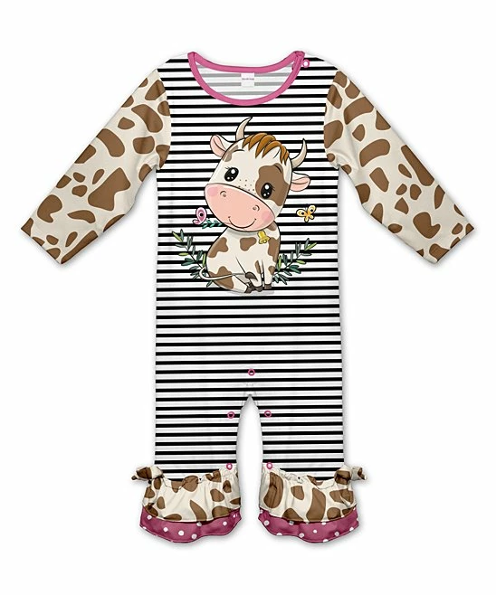 New ๐ฅฐ Best Sale ๐ Penelope Plumm Black Stripe Baby Cow Ruffle Playsuit - Infant & Toddler ๐ฅฐ ๐