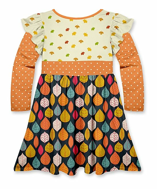 Discount 🎁 Best Pirce 🤩 Penelope Plumm Orange & Ecru Polka Dot Leaf Turkey Ruffle-Sleeve A-Line 👗 👗 Dress - Toddler ✔️ ❤️ - Image 2