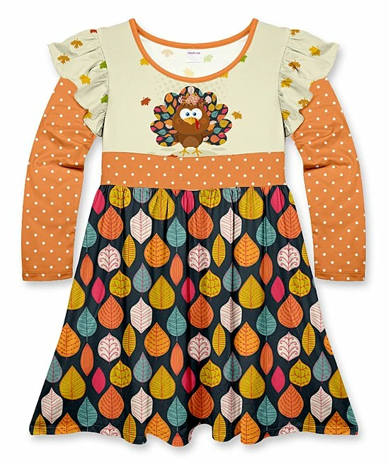 Discount 🎁 Best Pirce 🤩 Penelope Plumm Orange & Ecru Polka Dot Leaf Turkey Ruffle-Sleeve A-Line 👗 👗 Dress - Toddler ✔️ ❤️