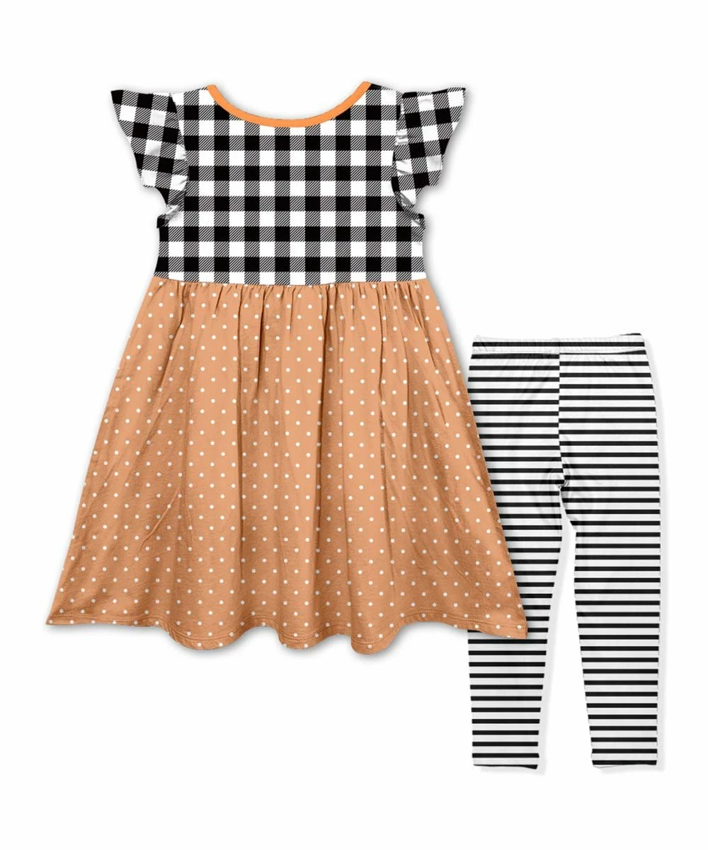 Discount ๐ Outlet ๐ Penelope Plumm Black Check & Dot Pumpkin Angel-Sleeve ๐ ๐ Dress & Stripe Leggings - Toddler & ๐ง Girls ๐คฉ โค๏ธ - Image 2