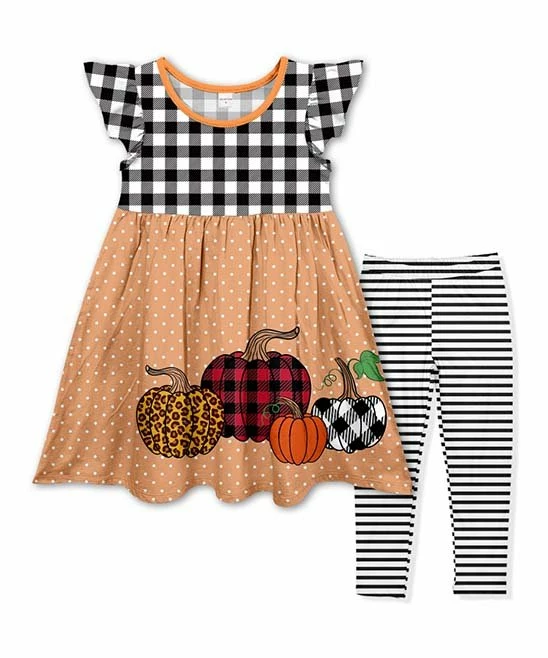Discount ๐ Outlet ๐ Penelope Plumm Black Check & Dot Pumpkin Angel-Sleeve ๐ ๐ Dress & Stripe Leggings - Toddler & ๐ง Girls ๐คฉ โค๏ธ
