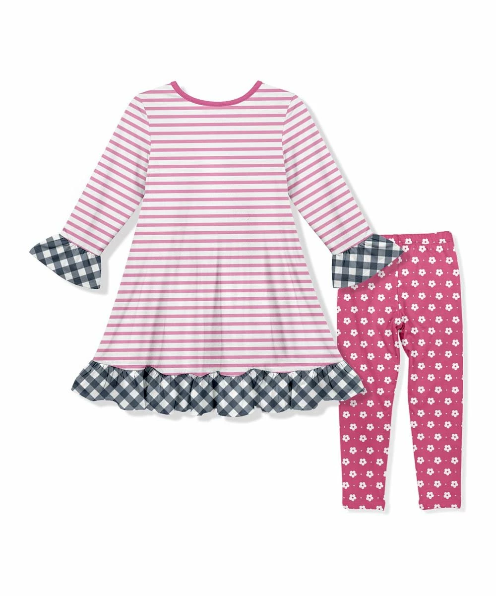Cheap 😉 New ✔️ Penelope Plumm Pink & Black Stripe Sloth Ruffle-Trim Shift 👗 👗 Dress & Floral Leggings - Toddler & 👧 Girls ✨ ⭐ - Image 2