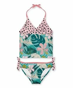 Brand new 😀 Discount ⌛ Penelope Plumm Pink Dot & Turquoise Floral Knot Tankini - 👧 Girls 💯 🎁