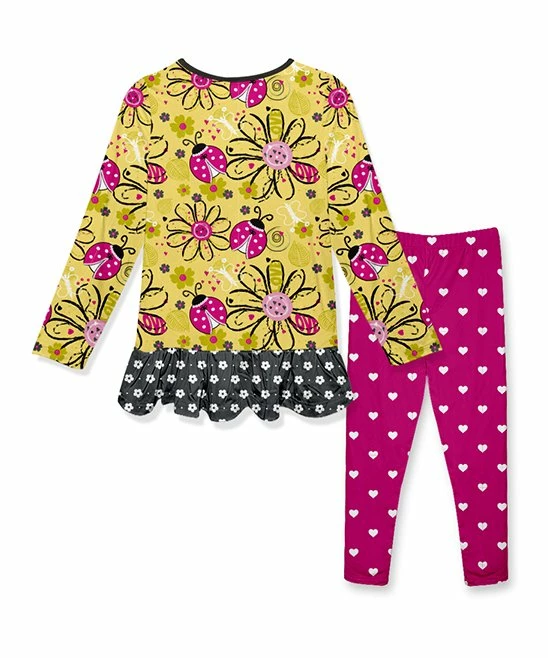 Deals โ๏ธ Best Sale ๐ Penelope Plumm Yellow Floral Ladybug Ruffle Tunic & Hot Pink Hearts Bow Leggings - ๐ง Girls ๐งจ ๐ - Image 2