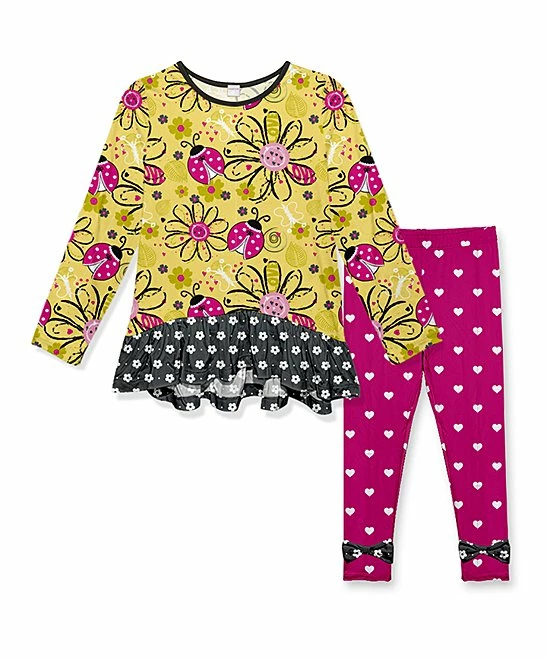 Deals โ๏ธ Best Sale ๐ Penelope Plumm Yellow Floral Ladybug Ruffle Tunic & Hot Pink Hearts Bow Leggings - ๐ง Girls ๐งจ ๐