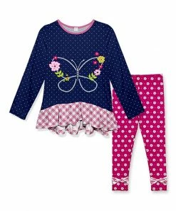 Top 10 😀 Brand new 👏 Penelope Plumm Navy Butterfly Dot Ruffle Tunic & Hot Pink Floral Bow Leggings - 👧 Girls ❤️ 😀