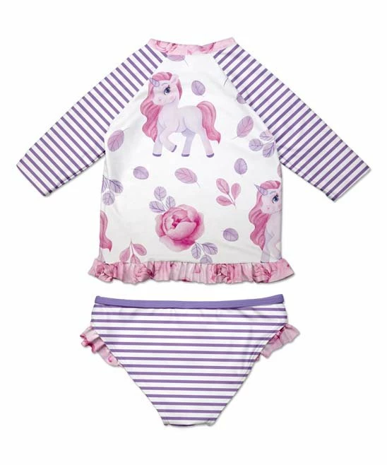 Buy ๐คฉ Discount โจ Penelope Plumm Plum Stripe & Unicorn Three-Quarter Sleeve Rashguard Set - Toddler & ๐ง Girls โญ ๐ - Image 2