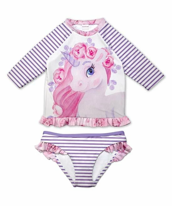 Buy ๐คฉ Discount โจ Penelope Plumm Plum Stripe & Unicorn Three-Quarter Sleeve Rashguard Set - Toddler & ๐ง Girls โญ ๐