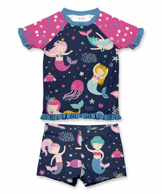 Wholesale ๐ Brand new ๐ Penelope Plumm Navy & Pink Mermaid Ruffle Raglan Rashguard Set - Toddler & ๐ง Girls ๐ ๐คฉ