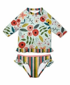 Best Pirce 😉 Flash Sale ❤️ Penelope Plumm Pale Turquoise & Mustard Floral Ruffle-Accent Rashguard Set - Toddler & 👧 Girls 😉 😍