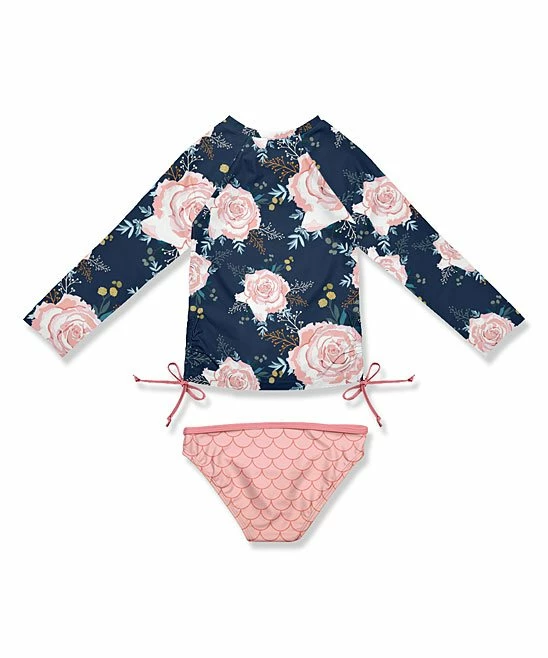 Best deal 😍 Brand new 👏 Penelope Plumm Navy Floral & Rose Scale Side Bow Rashguard Set - Toddler & 👧 Girls 🤩 🔥 - Image 2