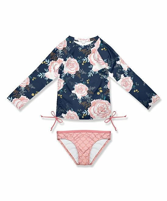 Best deal 😍 Brand new 👏 Penelope Plumm Navy Floral & Rose Scale Side Bow Rashguard Set - Toddler & 👧 Girls 🤩 🔥