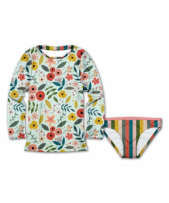Buy 🔥 Hot Sale 💯 Penelope Plumm Green Floral & Stripe Rashguard Set - Toddler & 👧 Girls ❤️ ❤️
