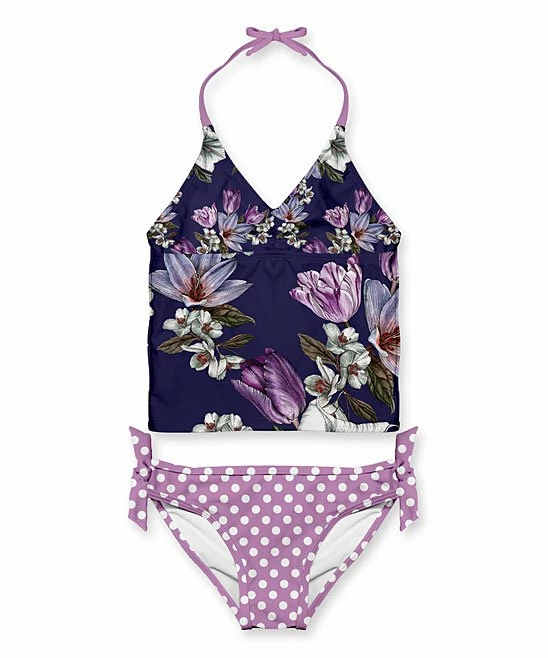 Cheap ๐ฅฐ Best reviews of ๐ Penelope Plumm Eggplant & Periwinkle Floral & Polka Dot Knot Tankini - Toddler & ๐ง Girls ๐ ๐งจ