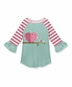 Cheapest โ๏ธ Deals ๐งจ Penelope Plumm Dark Pink & Green Stripe 'Love' Bird Ruffle-Sleeve Raglan Tunic - Toddler & ๐ง Girls ๐ฏ โญ
