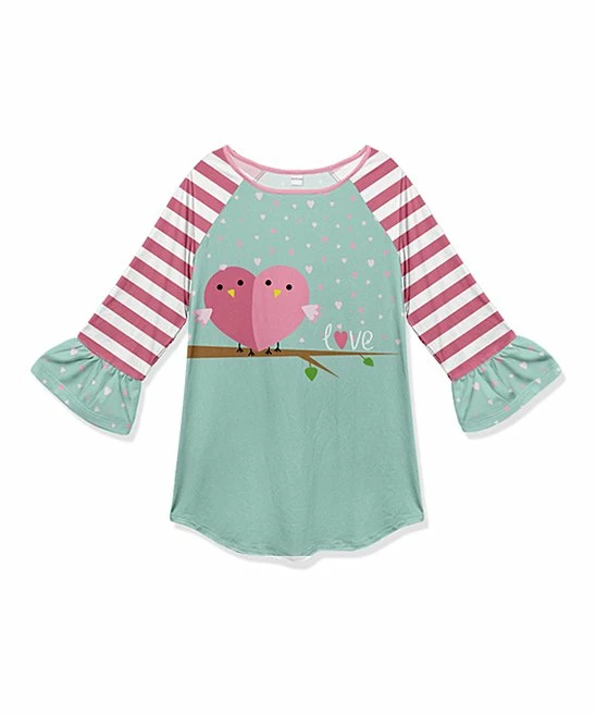 Cheapest โ๏ธ Deals ๐งจ Penelope Plumm Dark Pink & Green Stripe 'Love' Bird Ruffle-Sleeve Raglan Tunic - Toddler & ๐ง Girls ๐ฏ โญ
