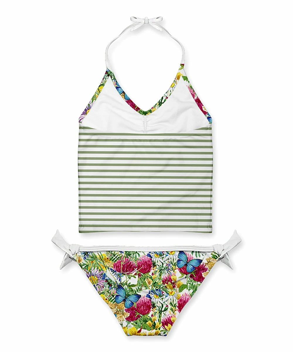 Best Pirce ๐คฉ Best Pirce ๐ Penelope Plumm Khaki & White Stripe Floral Cow Knot Tankini - Toddler & ๐ง Girls โค๏ธ ๐ฅ - Image 2
