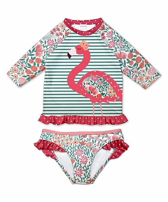 Discount ๐ฅฐ Best deal ๐คฉ Penelope Plumm Teal Flamingo Three-Quarter Sleeve Rashguard Set - Toddler & ๐ง Girls ๐ ๐งจ