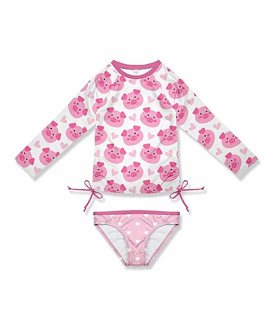 Brand new ๐ Outlet ๐ Penelope Plumm White & Pink Pig Heart Bow Rashguard Set - Toddler & ๐ง Girls ๐งจ โค๏ธ