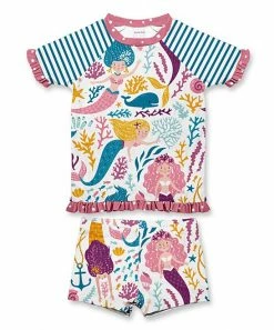 Cheapest ๐ Brand new ๐ Penelope Plumm Blue & Pink Stripe Mermaid Ruffle Rashguard Set - Toddler & ๐ง Girls โ โจ