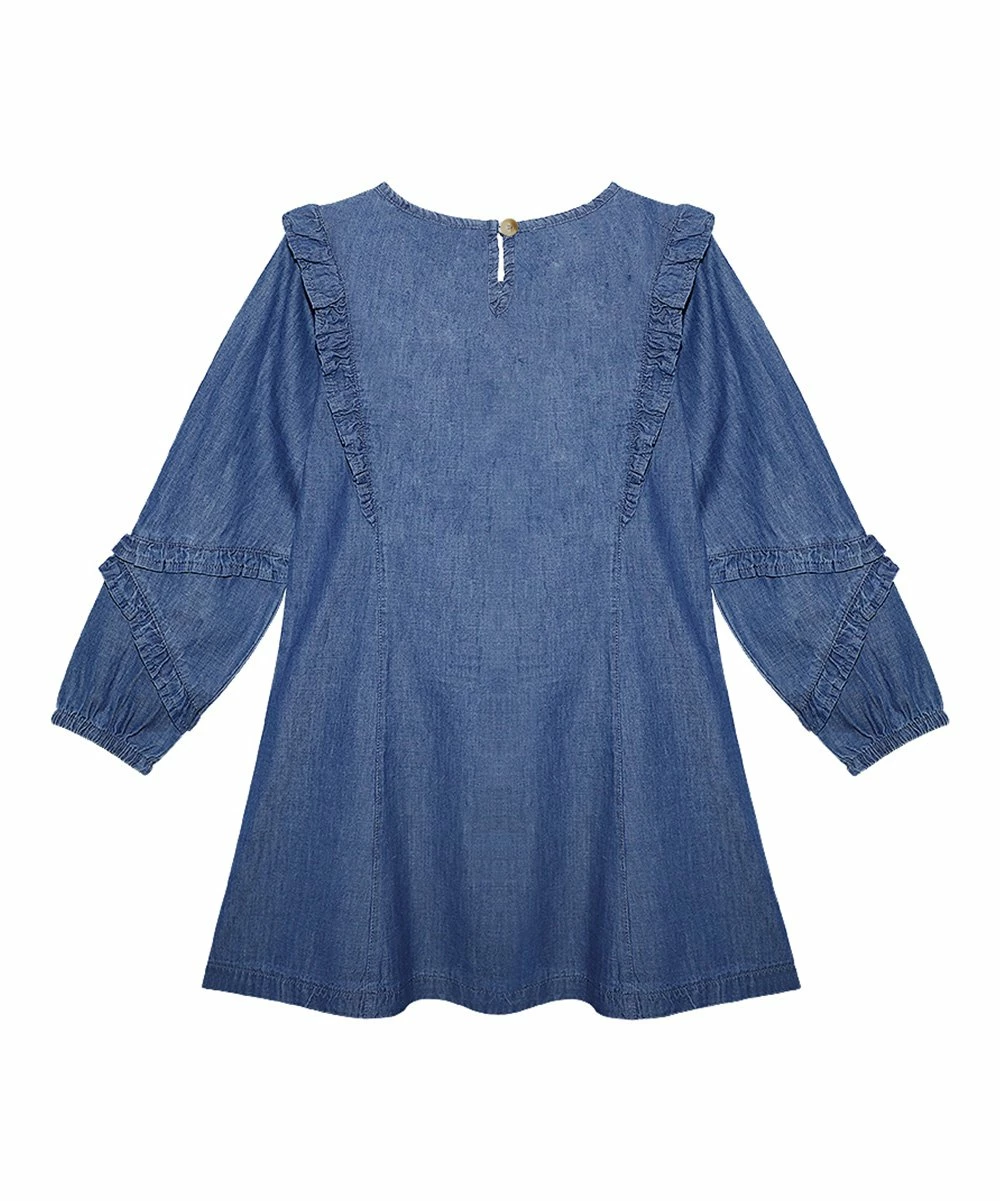Deals ๐ Buy ๐ฅฐ Penelope Plumm Denim Blue Ruffle-Trim Long-Sleeve A-Line ๐ ๐ Dress - Toddler & ๐ง Girls ๐งจ ๐คฉ - Image 2